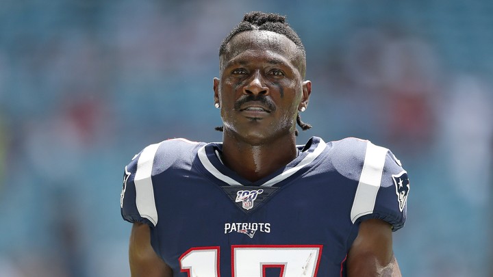 Antonio Brown, formerly of the New England Patriots, looks on prior to the game between the Miami Dolphins and the New England Patriots at Hard Rock Stadium on September 15, 2019 in Miami, Florida.