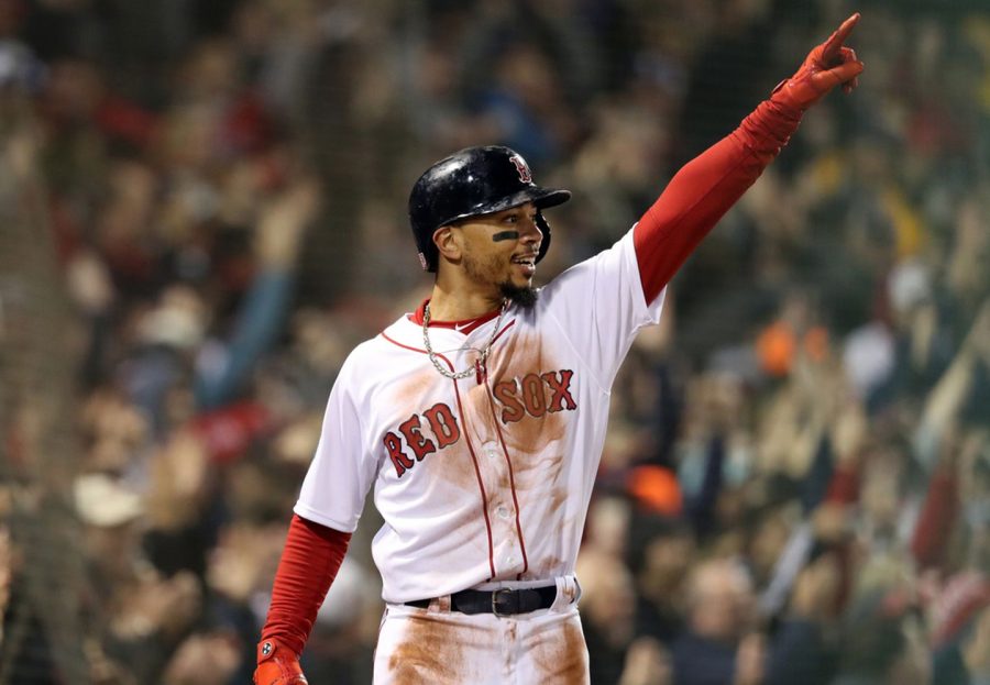 Mookie Betts of the Boston Red Sox in a game at Fenway Park in Boston. Betts was acquired by the Los Angeles Dodgers (along with David Price) in a trade on Feb. 10, 2020.
