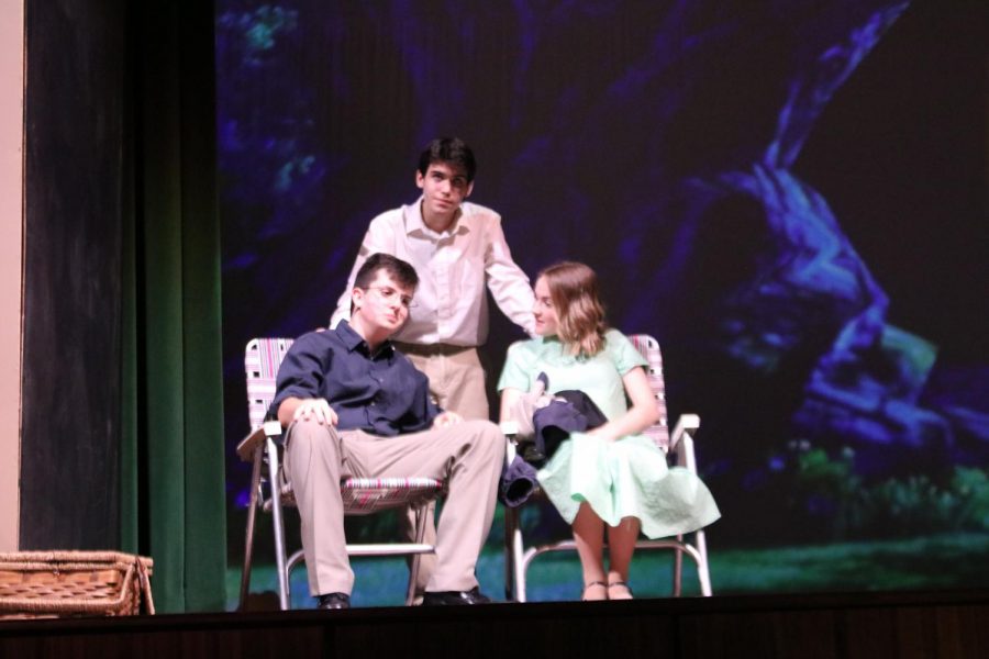 From left: Ben Barker (Edward Bloom), Adrian Rodriguez (Will Bloom), and Bailey Ballard (Josephine) in the WHS production of Big Fish. The show was nominated for 8 DSM High School Musical Theater Awards, including Barker for Best Actor.